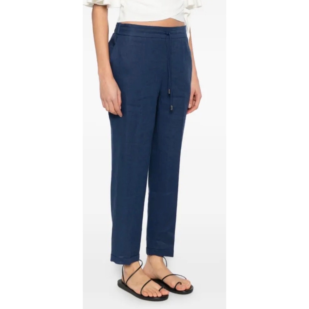 Amina Rubinacci Milo Drawstring Navy Blue 100% Linen Pull On Pants Made Italy 42